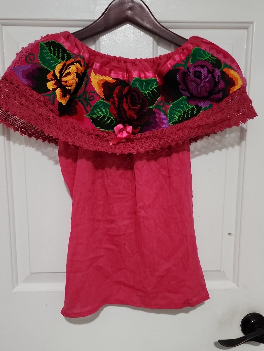 Hand-Embroidered Off-Shoulder Women’s Top in Fuchsia with Floral Detail